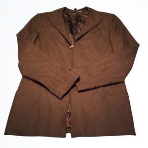 Linda Allard Brown Wool Blend Long Zipup Blazer Jacket Size 8 Bust 39 Inches